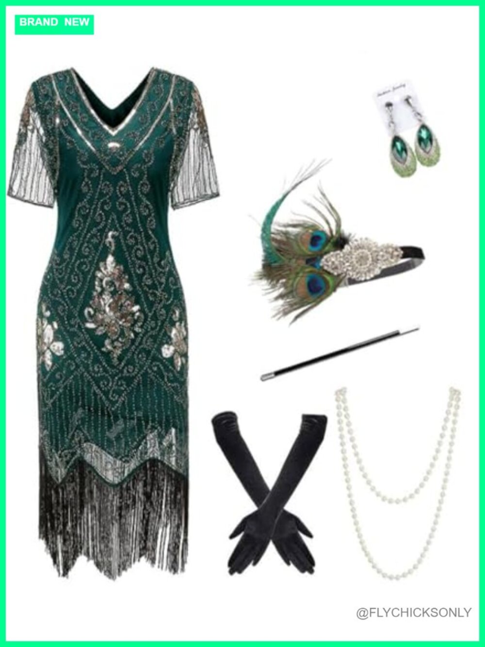 1920s Vintage Flapper Sequin Beaded Fringe Gatsby Party Dress with Accessories